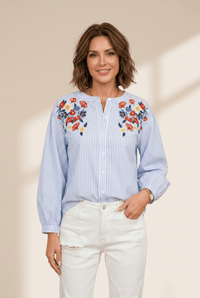 Women's Sky Blue Striped Floral Embroidered Bishop Sleeve Tunic