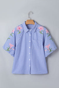 Sky Blue Stripe Lily Floral Embroidered Puff Sleeve Button Down Shirt