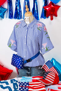 Sky Blue Stripe Lily Floral Embroidered Puff Sleeve Button Down Shirt