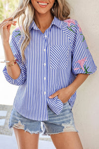 Sky Blue Striped Floral Embroidered Puff Sleeve Shirt for Women - Chic Casual Button Down Top with Comfortable Fit