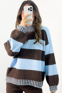 $10.62 Sky Blue Stripe Contrast High Neck Dropped Shoulder Relaxed Pullover Sweater Wholesale