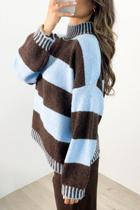 $10.62 Sky Blue Stripe Contrast High Neck Dropped Shoulder Relaxed Pullover Sweater Wholesale