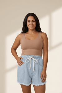 
Women's Sky Blue Striped High-Waist Denim Shorts with Raw Hem