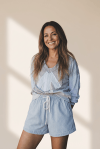 
Women's Sky Blue Striped High-Waisted Denim Shorts with Drawstring