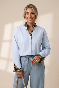 Women's Sky Blue Striped Leopard Detail Relaxed Blouse