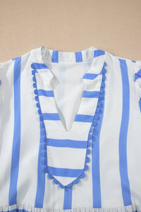 Sky Blue Stripe Ricrac Trim Notched Neck Half Sleeve Vacation Dress
