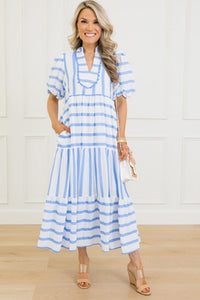Sky Blue Stripe Ricrac Trim Notched Neck Half Sleeve Vacation Dress
