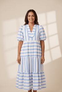 Women's Sky Blue Striped Ricrac Trim Midi Dress with Puff Sleeves