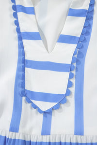 Sky Blue Stripe Ricrac Trim Notched Neck Half Sleeve Vacation Dress