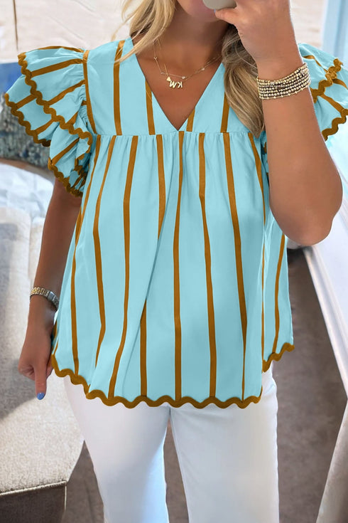 women's sky blue striped ruffled v-neck blouse for women with ricrac trim and short sleeves - ideal for casual daywear with practical styling and