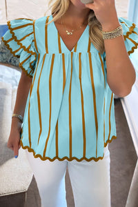women's sky blue striped ruffled v-neck blouse for women with ricrac trim and short sleeves - ideal for casual daywear with practical styling and