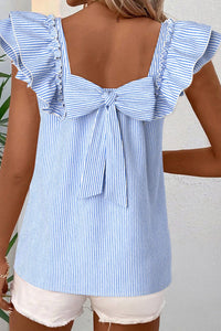 Women's Sky Blue Striped Square Neck Blouse with Bow and Ruffled Short Sleeves for a Chic Women's Summer Outfit