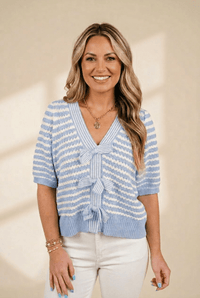 Women's Sky Blue Striped V-Neck Knit Sweater with Bow Details