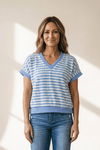 Women's Sky Blue Striped V-Neck Knit Top with Contrast Trim