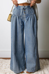 Sky Blue Stripe Button Pleated Drawstring Waist Casual Wide Leg Jeans