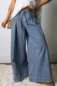 Women's Sky Blue Striped Wide-Leg Denim Trousers