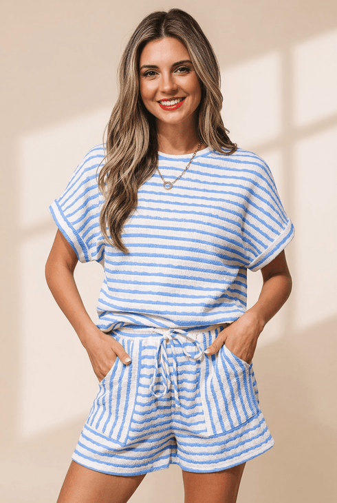 Women's Sky Blue Textured Striped Knit Two-Piece Shorts Set