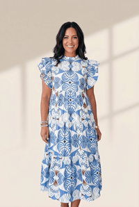 Women's Sky Blue Tropical Floral Tiered Maxi Dress with Flutter Sleeves