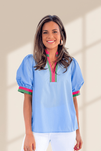 Women's Sky Blue V-Neck Cotton Blouse with Contrast Trim