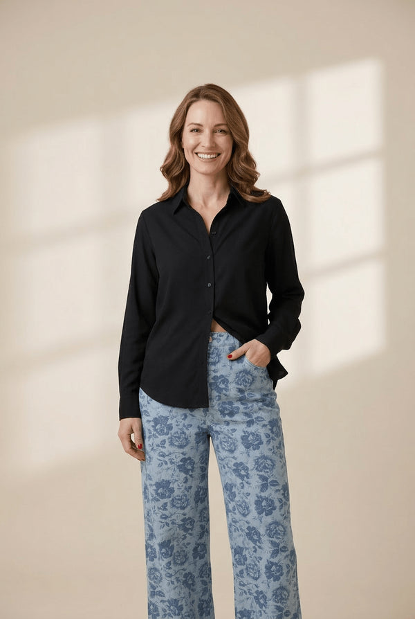 Women's Sky Blue Vintage Floral Ankle-Length Denim Shift Pants