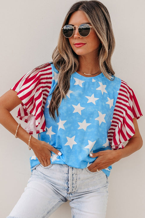 Sky Blue Vintage Ruffle Sleeve Women's Top with Star Print - Ideal for Independence Day and Summer Celebrations