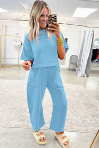 Sky Blue Drop Shoulder Boxy Tee and Barrel Pants Set