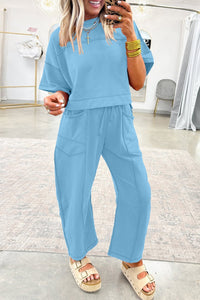Women's Sky Blue Women's Casual Chic Drop Shoulder Boxy Tee and Matching Barrel Pants Set for Ultimate Comfort and Style