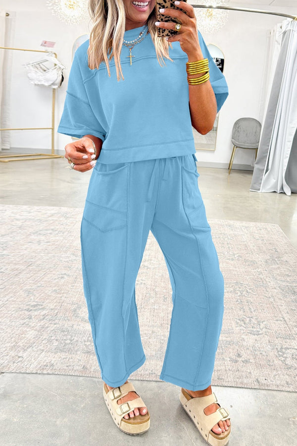 Women's Sky Blue Women's Casual Chic Drop Shoulder Boxy Tee and Matching Barrel Pants Set for Ultimate Comfort and Style