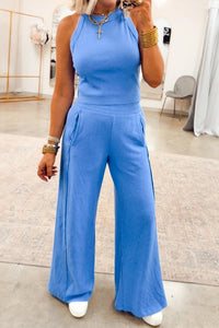 Women's Sky Blue Ribbed Tank and Wide-Leg Lounge Pant Set