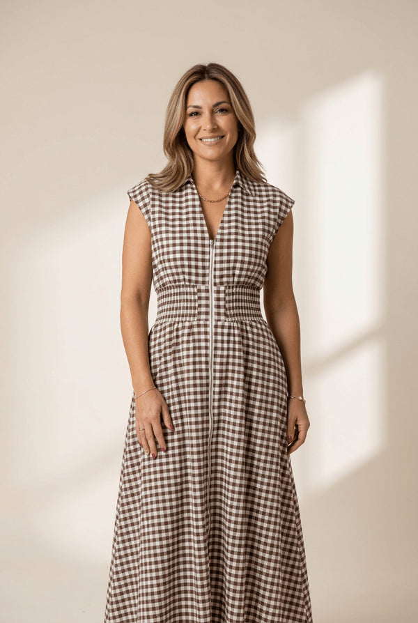 Women's Sleeveless Coffee Gingham Maxi Dress with Smocked Waist