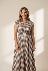 Women's Sleeveless Coffee Gingham Maxi Dress with Smocked Waist