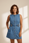 Sleeveless Western Denim Mini Dress with Buckle Detail | MsDressly
