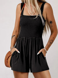 Smocked Black Sleeveless Summer Romper with Pockets
