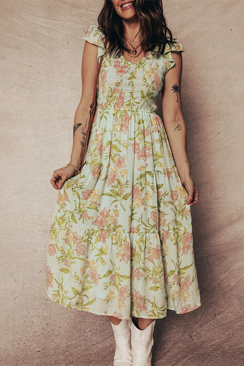 Women's Smocked Floral Tiered Maxi Dress in Apricot and Sage with practical styling and dependable silhouette control.