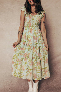 Women's Smocked Floral Tiered Maxi Dress in Apricot and Sage with practical styling and dependable silhouette control.
