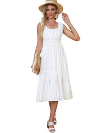 Smocked Ruffle Dress with Square Neck midi Skirt