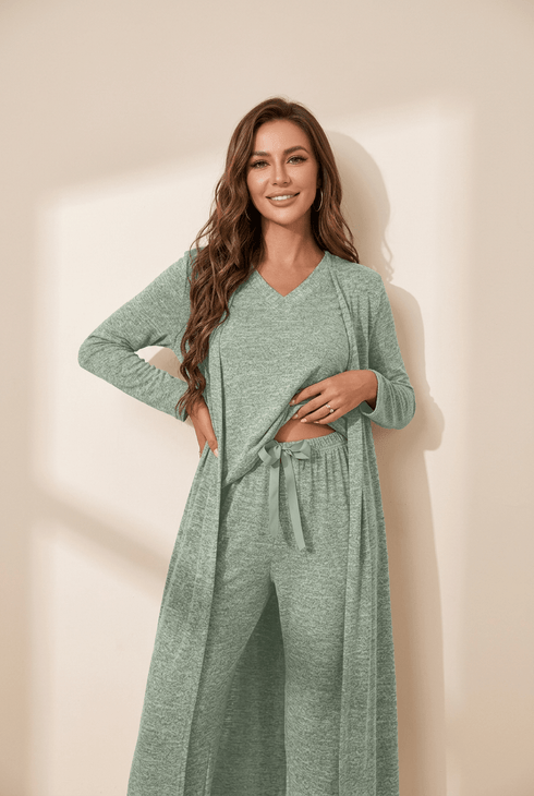 Smoke Green 3-Piece Knit Duster & Lounge Set for Everyday Comfort