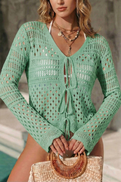 Women's Smoke Green Crochet Tie-Front Cover-Up with Flare Sleeves