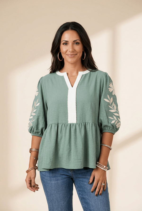 Women's Smoke Green Embroidered V-Neck Babydoll Blouse