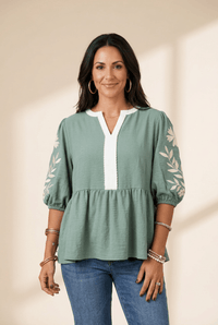 Women's Smoke Green Embroidered V-Neck Babydoll Blouse