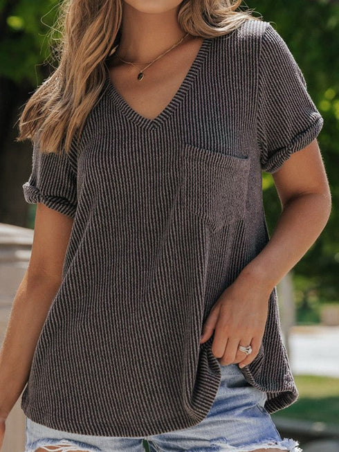 Soft Carbon Grey Corded V Neck Tee with Twist Sleeve Detail