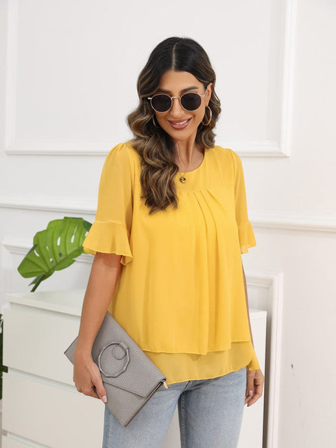 women-s-blouses-solid-color-round-neck-short-sleeve-pleated-chiffon-blouse