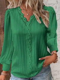 Solid Contrast Lace Striped V-Neck Long Sleeve Blouse