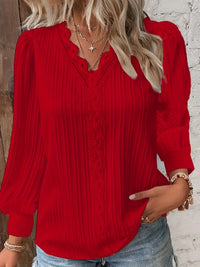 Solid Contrast Lace Striped V-Neck Long Sleeve Blouse