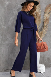 Solid Five-Point Sleeve Belted Wide-Leg Jumpsuit