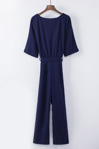 Solid Five-Point Sleeve Belted Wide-Leg Jumpsuit
