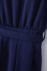 Solid Five-Point Sleeve Belted Wide-Leg Jumpsuit