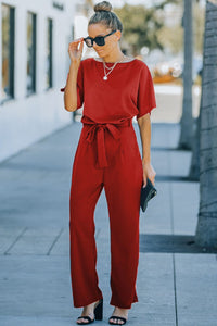 Solid Five-Point Sleeve Belted Wide-Leg Jumpsuit