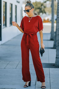 Solid Five-Point Sleeve Belted Wide-Leg Jumpsuit
