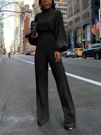 Solid High-necked Long-sleeved Casual Jumpsuit